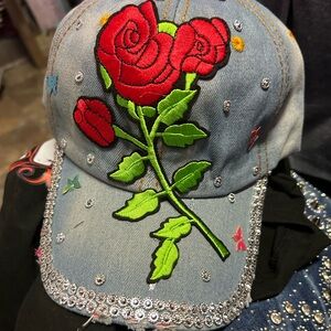 Private Label Denim Cap with Red Rose Embroidery